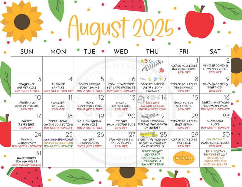 OverSoyed Artisan Handcrafted Products - August 2025 Marketing Calendar